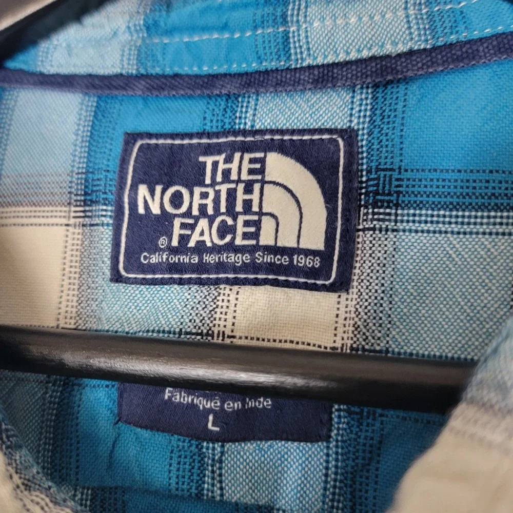 The North Face‎ Mens Blue White Plaid Short Sleeve Cotton Button Down Shirt L